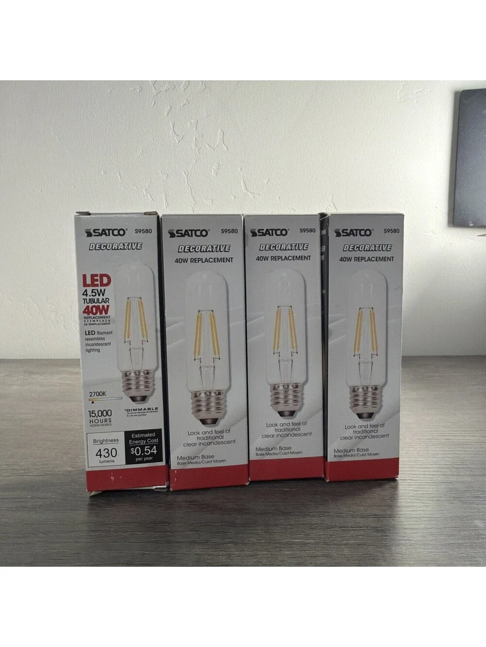 4 Pack Satco LED Bulbs 5.5W =40W 120V T10 Medium E26 Dimmable Clear 2700K